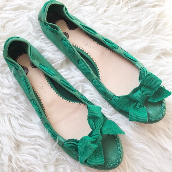 Chloe Shoes - Chloe Emerald Green Leather Bow Ballet Loafer Flat